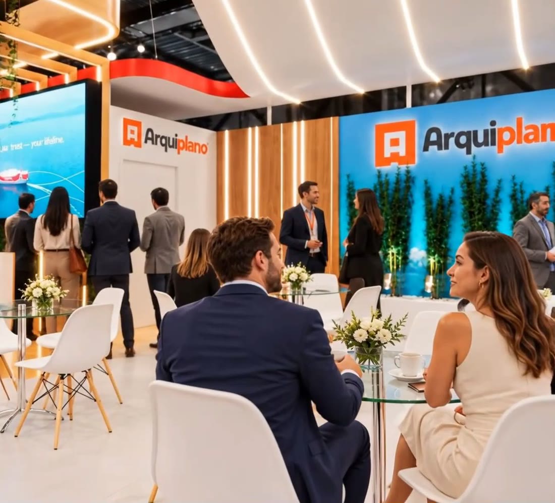Clientes sendo atendidos dentro de um stand da Arquiplano